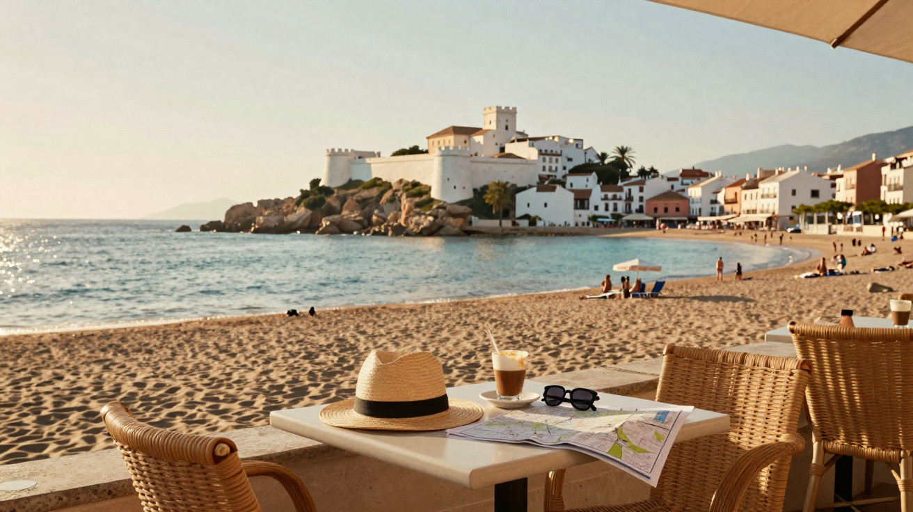 Praia com castelo branco ao fundo, mesa com chapéu, óculos, café e mapa na sombra de guarda-sol.