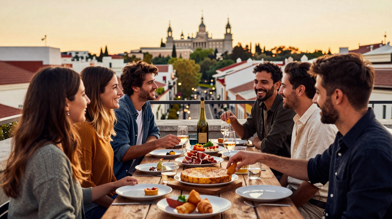 Jovens amigos desfrutando jantar ao ar livre ao pôr do sol, com vista para edifício histórico ao fundo.
