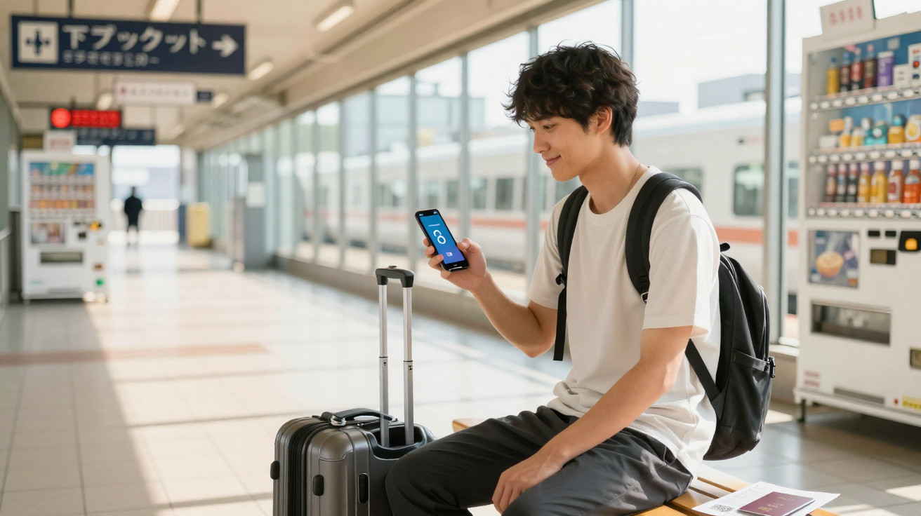 Jovem sentado na estação de trem com mochila e mala, olhando o celular com sorriso no rosto.