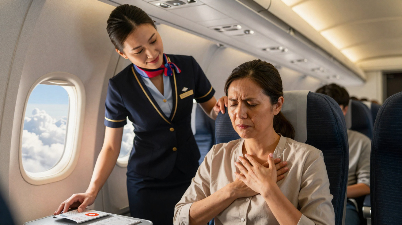 Comissária de bordo confortando passageira com dor no peito dentro de avião durante voo.