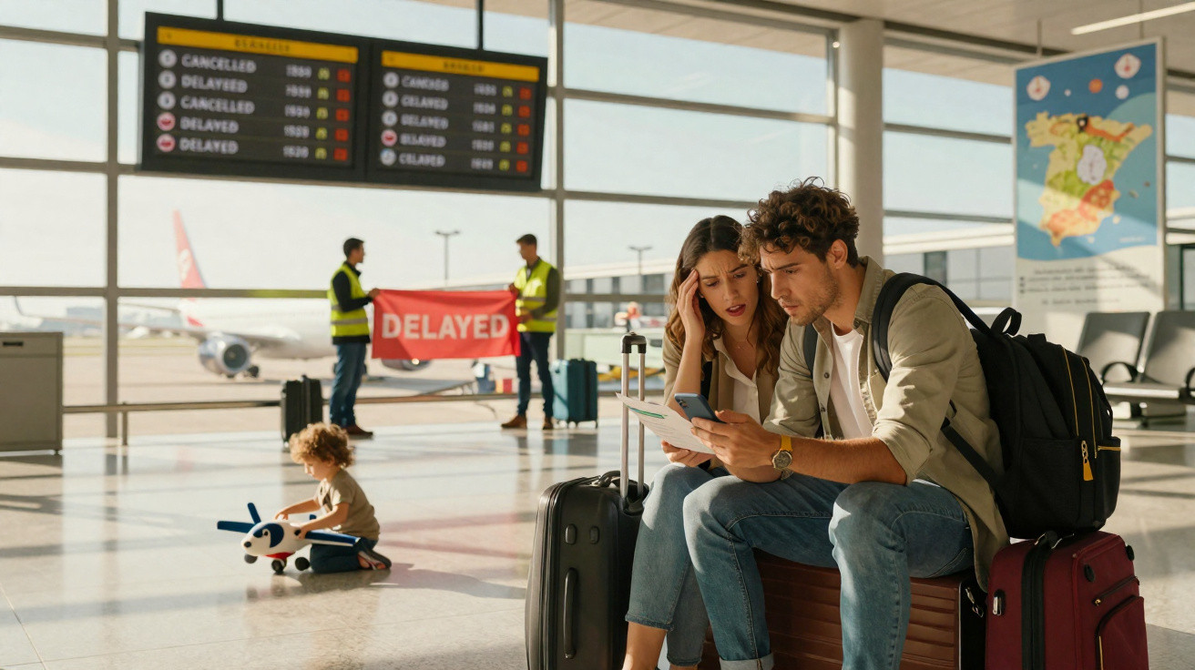 Casal preocupado acompanha atraso de voo no aeroporto com criança brincando ao fundo.