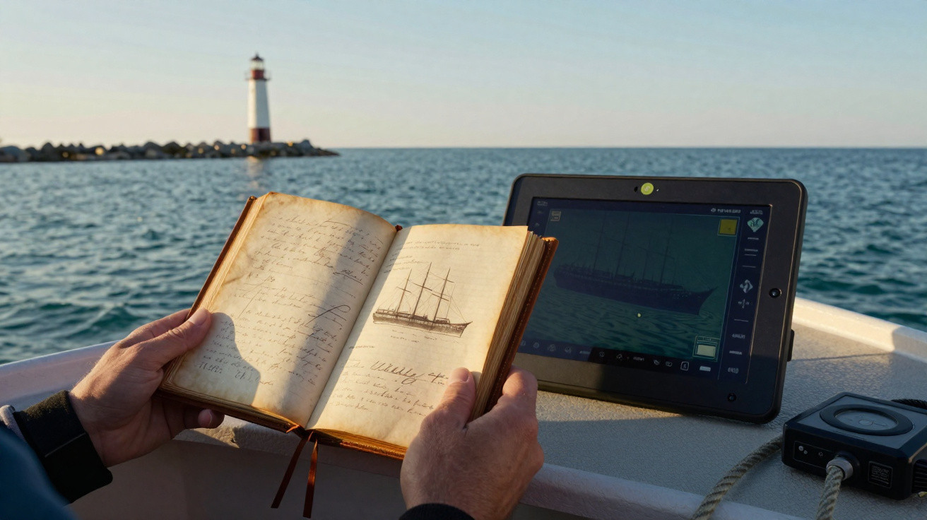 Pessoa segurando livro antigo com desenho de navio, tablet com imagem similar e farol ao fundo no mar.