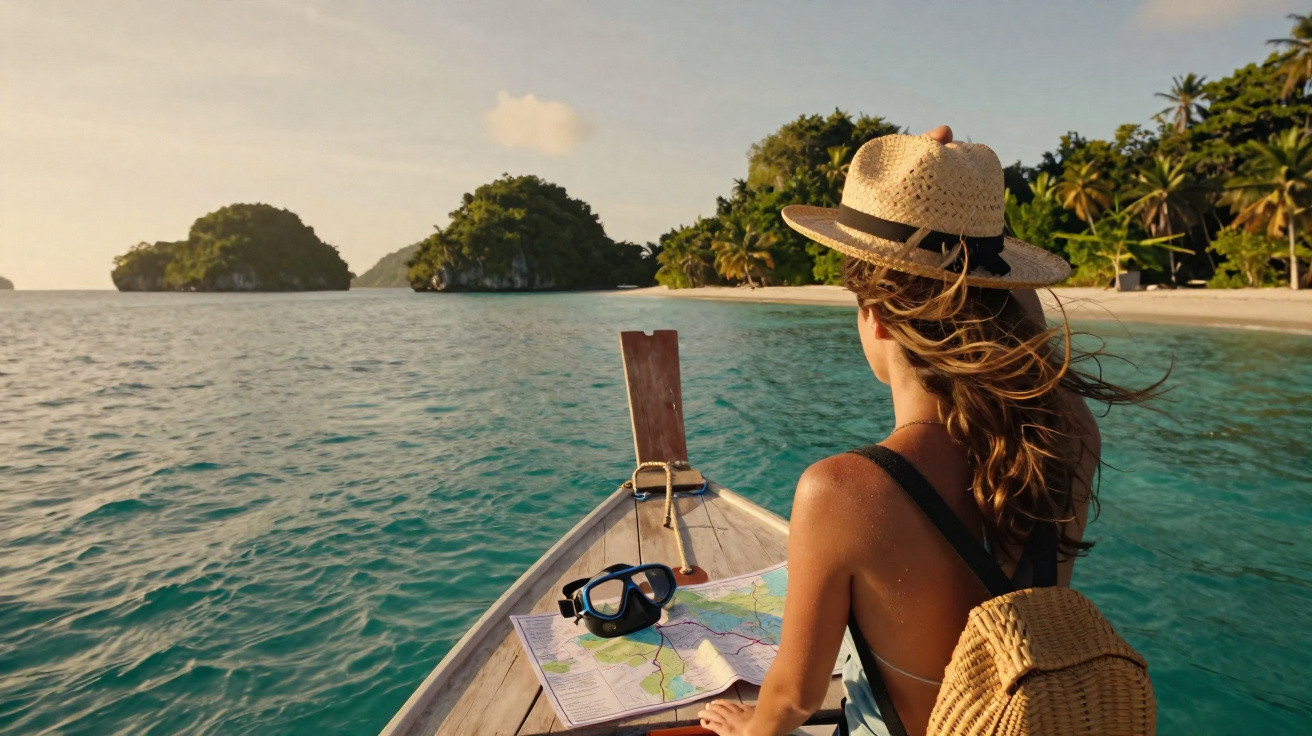 Mulher de chapéu em barco navega em mar azul com mapa e máscara de mergulho rumo a ilhas tropicais.
