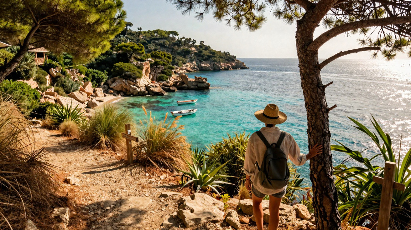 Pessoa de chapéu observa o mar azul turquesa em trilha cercada por plantas e árvores na costa rochosa.