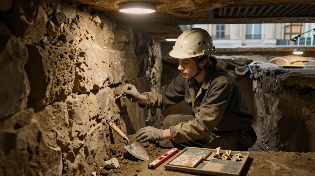 Arqueólogo em capacete escavando e analisando fósseis em sítio arqueológico subterrâneo.
