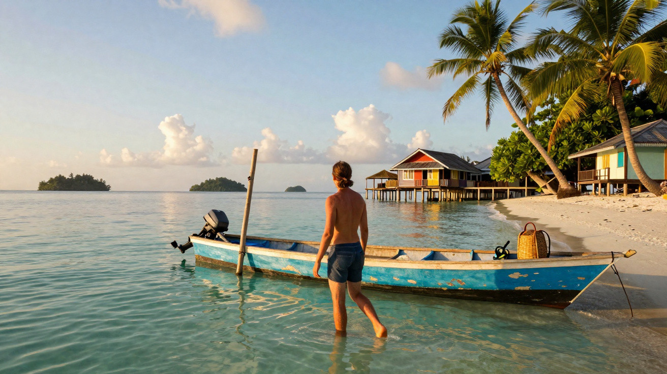 Homem entrando em barco azul na água transparente perto de casas de palafita e palmeiras na praia ao pôr do sol.