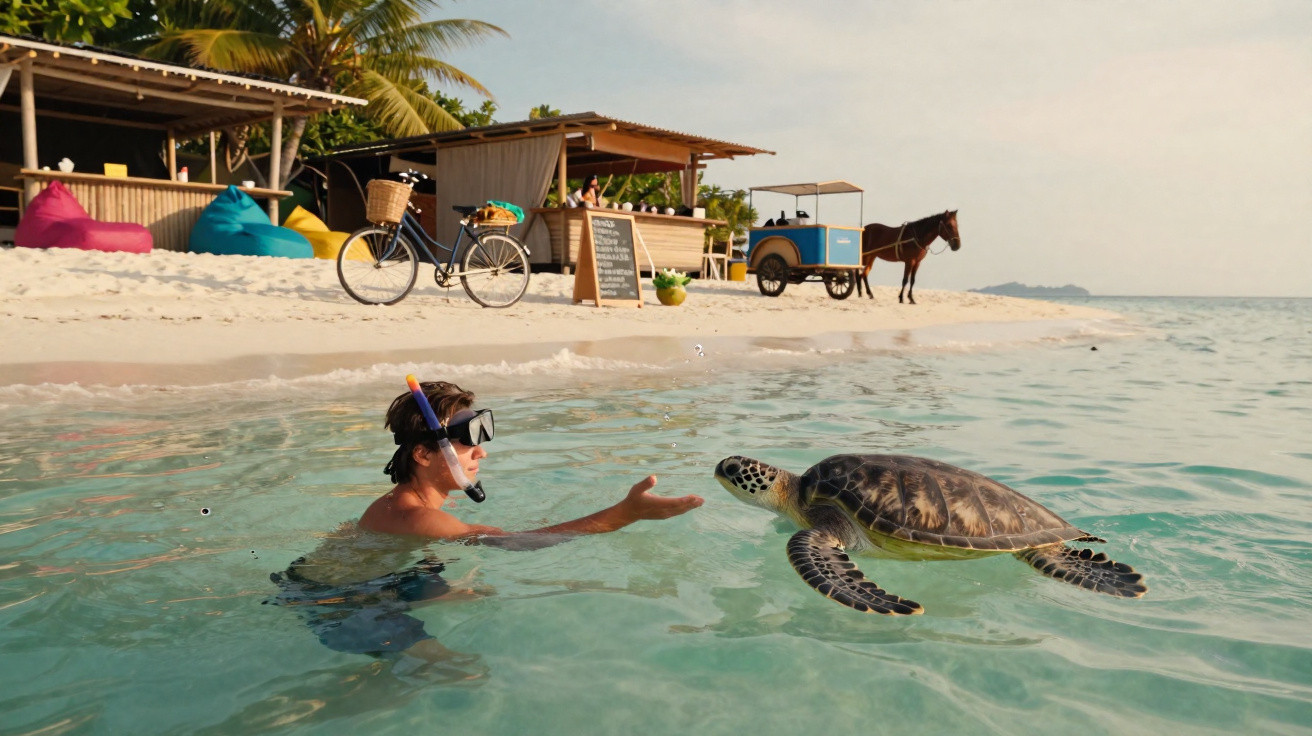 Pessoa com snorkel interage com tartaruga marinha em águas rasas próximo à praia com bicicleta e carruagem.