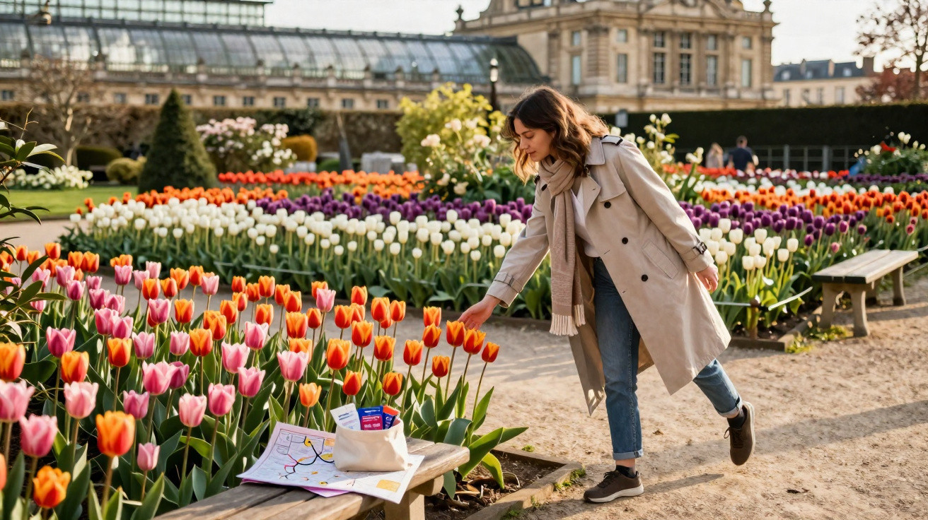 Mulher com casaco bege tocando tulipas laranja em jardim florido ao ar livre com edifício ao fundo.